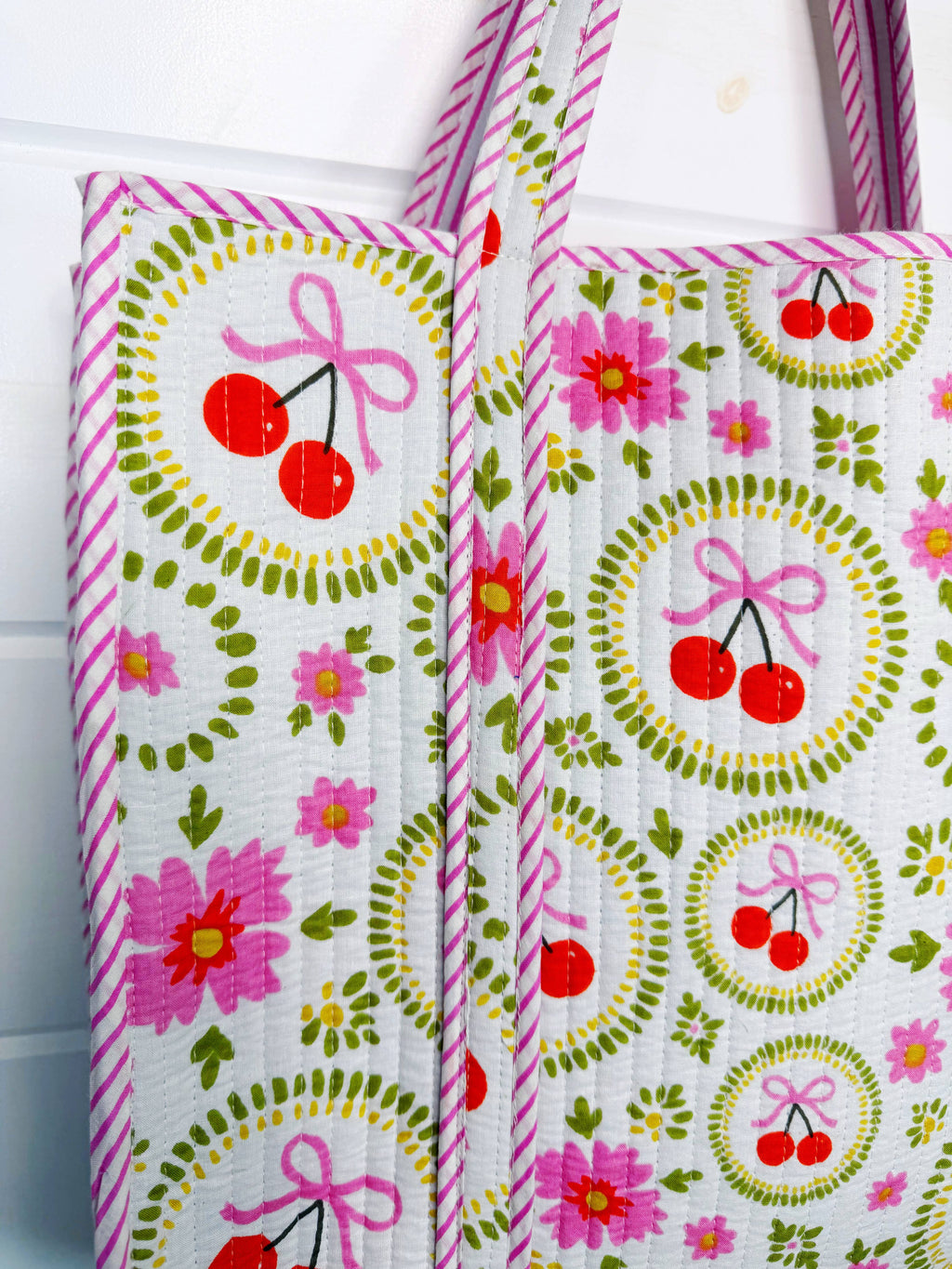 Large Tote Bags | Quilted Travel Tote | White Cherry & Bows