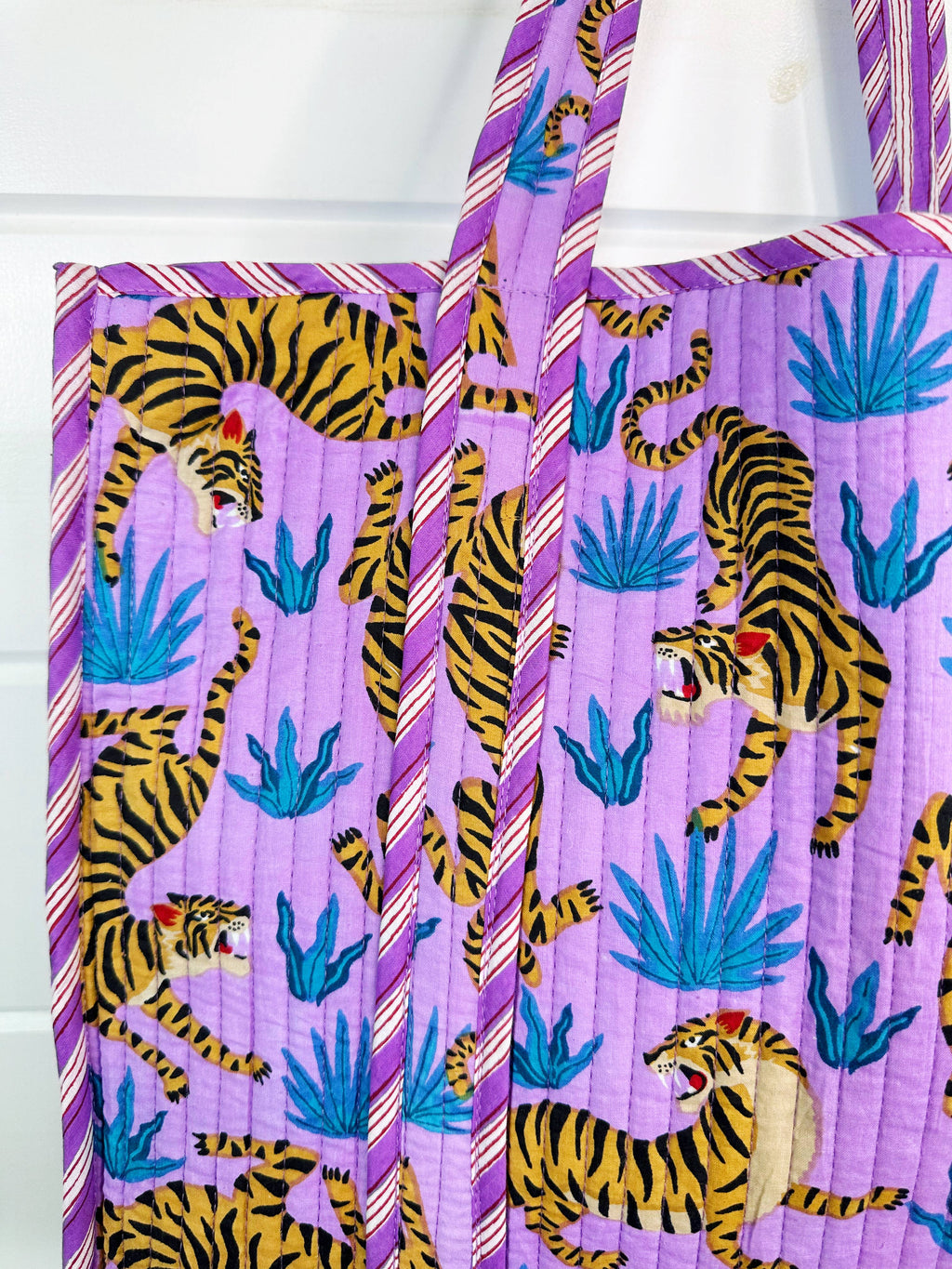 Large Tote Bags | Quilted Tote | Purple Tiger Print