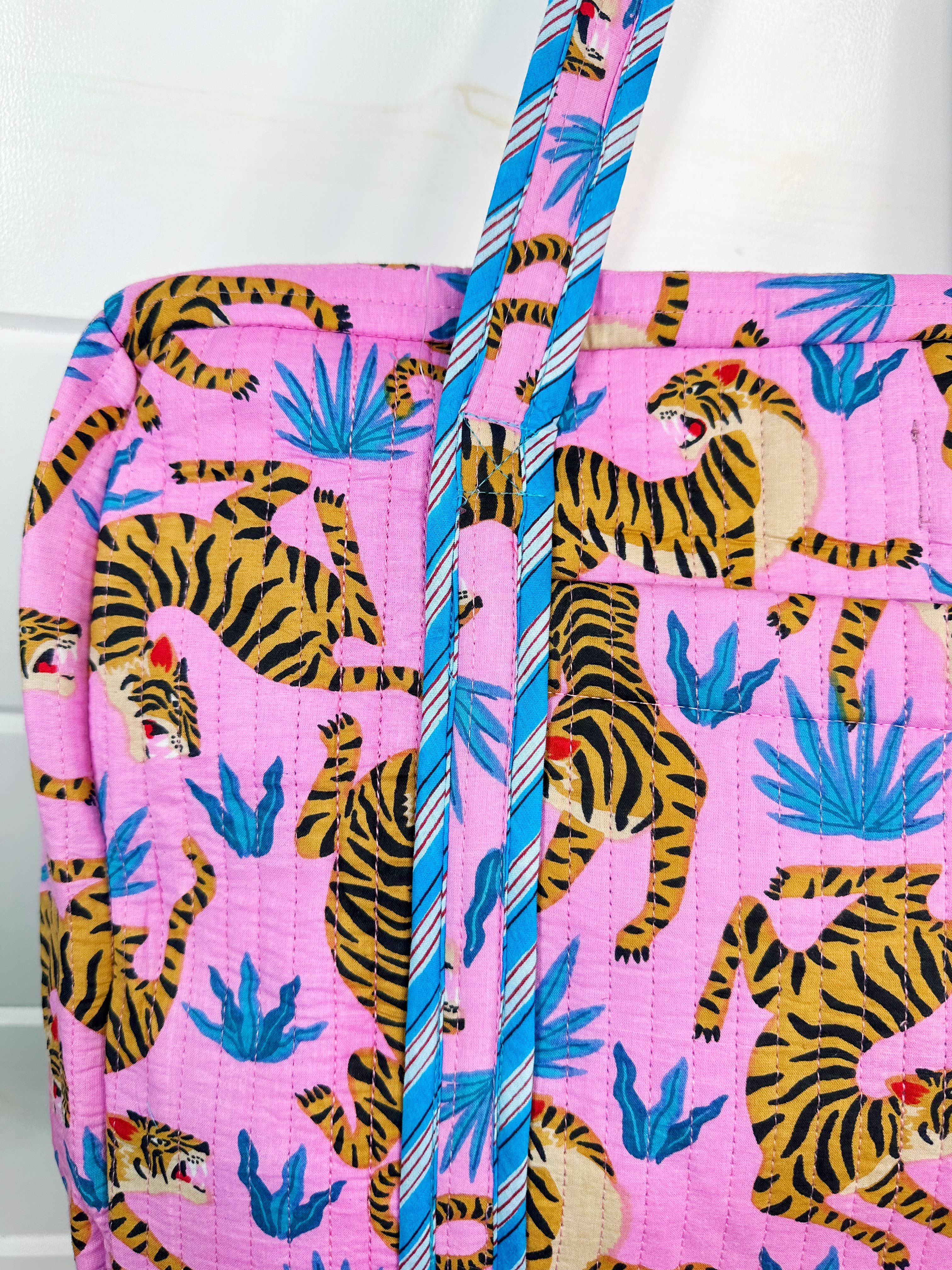 Quilted Overnight Bag | Large Size | Pink Blue Tiger Print