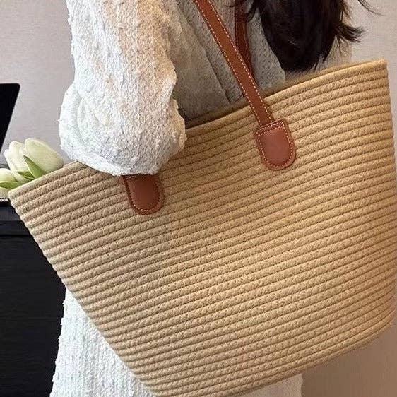 Women's Cotton Rope Woven Korean Style Shoulder Tote Bag