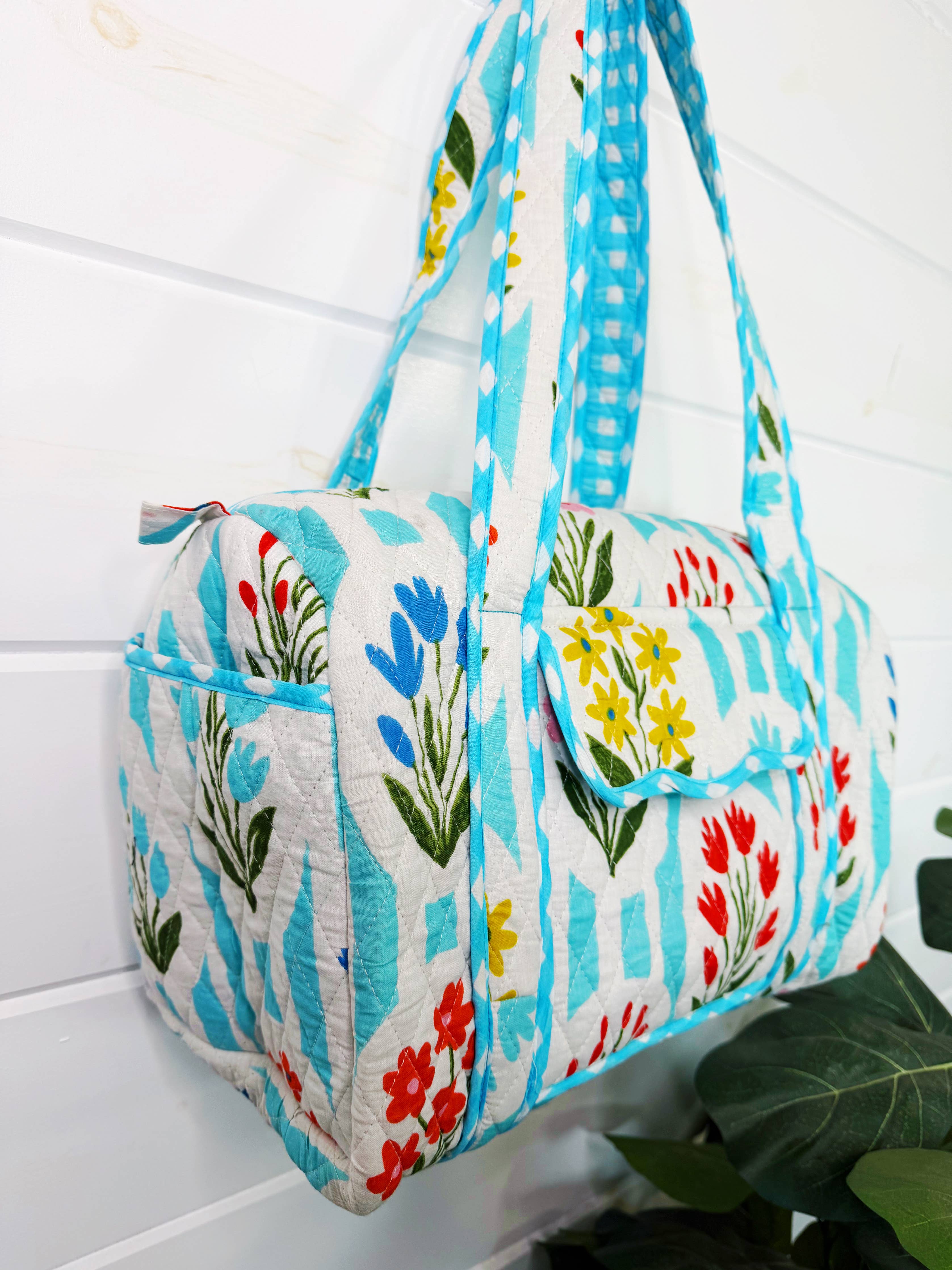 Quilted Mini Duffle Bag | Aqua Garden Party | Overnight Bag
