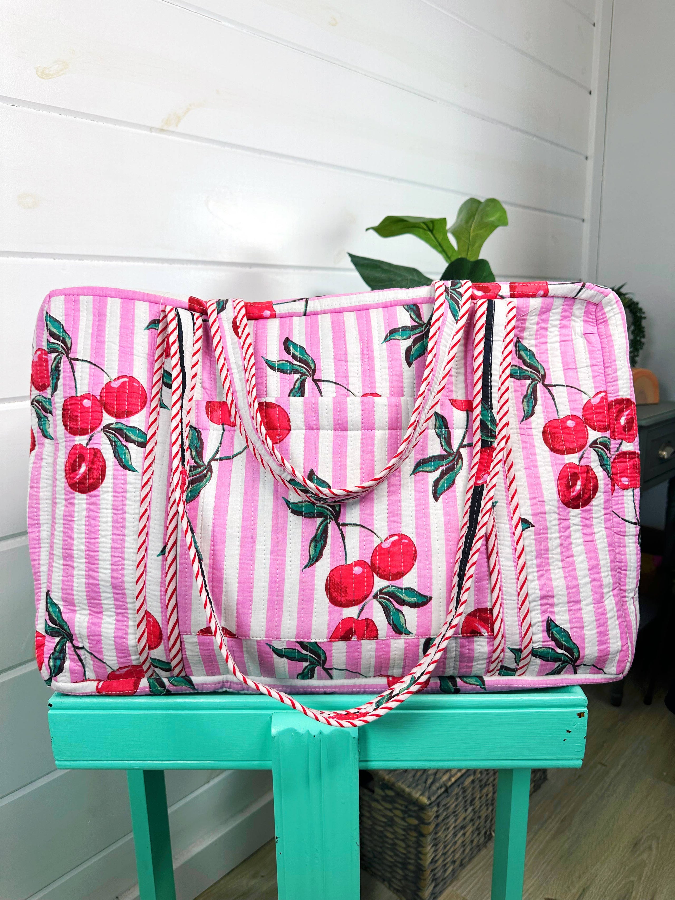 Quilted Duffle Bag | Weekender Travel Bags | Cherry Print