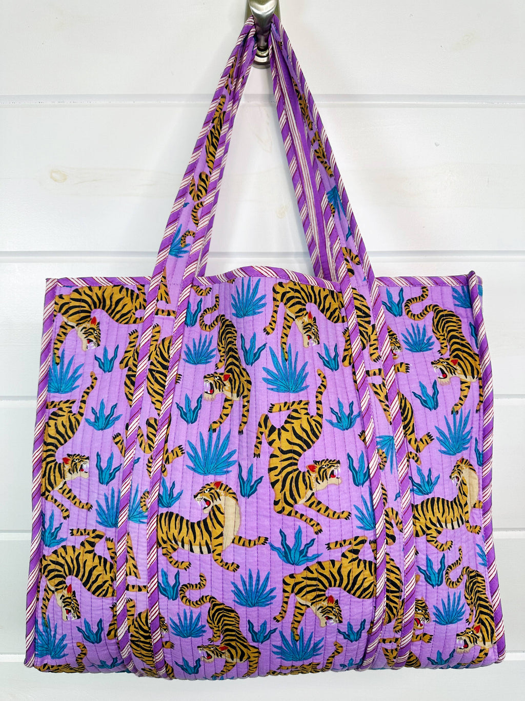Large Tote Bags | Quilted Tote | Purple Tiger Print